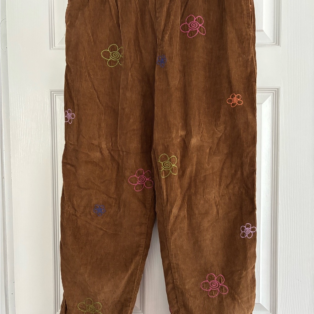 Urban Outfitters Pink and Brown Corduroy Pants with Floral Embroidery